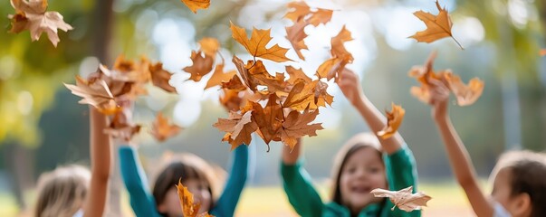 Children joyfully play with autumn leaves, capturing the essence of fun and laughter in a vibrant outdoor setting.