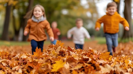 Fototapeta premium Children joyfully running through a colorful autumn landscape, playing in a pile of fallen leaves surrounded by vibrant trees.