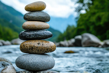 Zen and the Art of Balancing: A Tower of Smooth River Stones Stands Tall, a Symbol of Harmony and Tranquility.