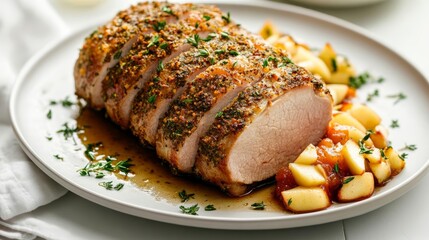Juicy roasted pork loin with a crispy herb crust, served with apple compote, savory and sweet