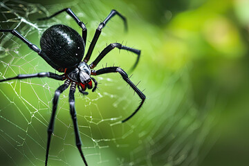 Obraz premium A Black Widow Spider, Its Shiny Black Body Glistening in the Sunlight, Patiently Awaits Prey in Its Delicate Web.