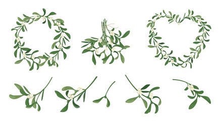 Set of sprig mistletoe with berries. Vector craft christmas decoration heart, wreath, bunch made of mistletoe garland isolated on white background. Design frame element for print, card, flyer, banner © Катерина Фирсова
