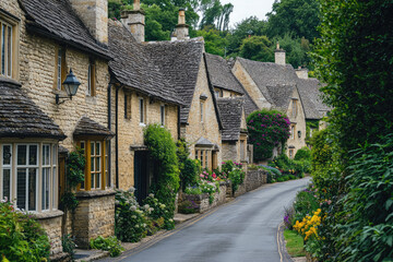 A Charming Cotswolds Village: Stone Cottages Lined with Lush Greenery and a Winding Road