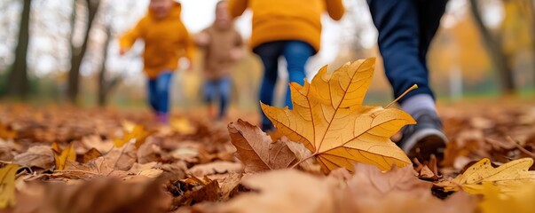 Children playing in a vibrant autumn landscape, surrounded by colorful leaves, capturing the joy of fall in a park setting.