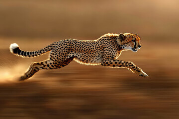 A blur of speed and grace: A cheetah sprints across the savanna, its powerful muscles propelling it forward, leaving a trail of dust in its wake.