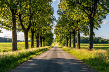 A winding country road lined with trees on a warm summer day, bathed in golden light, inviting you to explore the unknown.