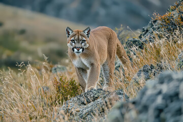 A Cougar's Silent Hunt: The Predator's Intense Gaze in a Mountainous Landscape
