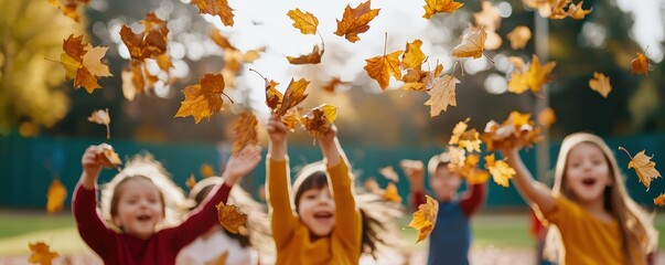 Joyful children playfully toss autumn leaves in a sunny park, celebrating the beauty of the fall season with laughter and friendship.