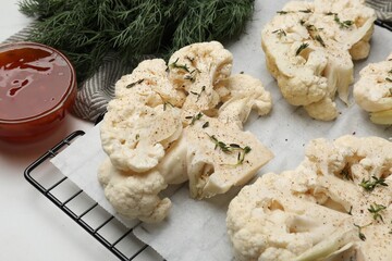 Uncooked cauliflower steaks, dill and sauce on white table, closeup