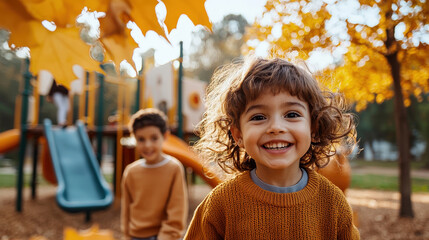 Playful children enjoy a sunny autumn day at the playground surrounded by colorful leaves and laughter.