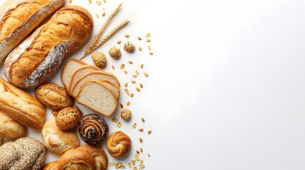 Assorted breads and pastries, right-aligned composition,, white background, overhead view, artisanal bakery items, baguettes, rolls, bagels, sliced bread.