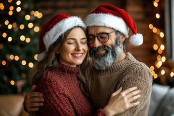 A Couple Embracing in Festive Christmas Attire
