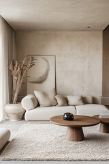Minimalist and elegant living room in neutral colors, ideal for modern home decor themes.