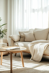 Fototapeta premium A cozy living room setup with a couch, cushions, and a wooden table.
