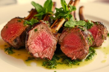 Fototapeta premium Juicy rack of lamb, perfectly seared, served with a mint chimichurri, luxurious and elegant presentation
