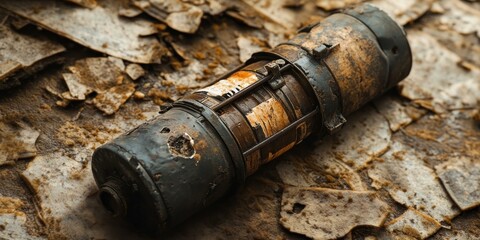 Rusty metal tube on a brown surface.