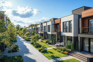 Modern row houses in a tranquil suburban neighborhood with ample greenery.
