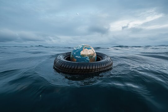 A floating globe within a tire on the ocean surface under an overcast sky emphasizes the pressing environmental issues like pollution and the need for global environmental actions.