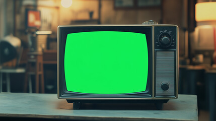 Retro television with green screen in warm interior setting, ideal for vintage-themed design mockups.
