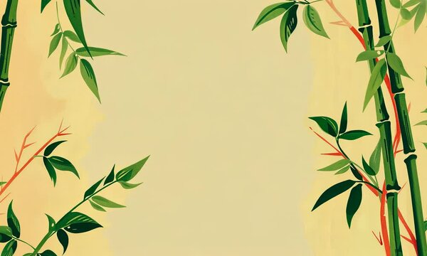 An illustrated background featuring bamboo stems and leaves in a stylized design, on textured beige backdrop.