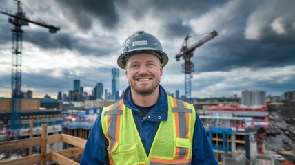 smiling builder against the backdrop of a city construction site
