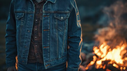 Model in a denim jacket by a bonfire, firelight creating soft flickering shadows on the rugged jacket fabric. Autumn clothing