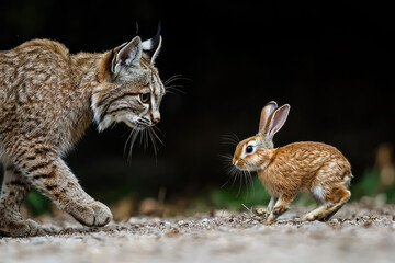 Naklejka premium A lynx stares intently at a rabbit, poised to pounce. The tension is palpable in this predator-prey moment, a silent story of survival unfolding in the wild.