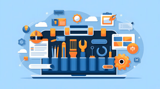 Productivity Tools: A digital toolkit filled with various software icons and apps, symbolizing productivity tools in business.