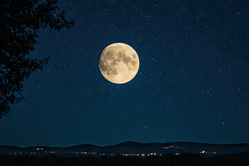A Serene Night Sky: Full Moon and Twinkling Stars