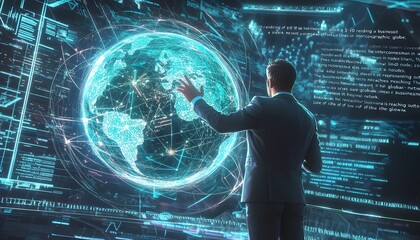 Businessman Interacting with a Digital Holographic Earth Projection