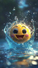 A cute yellow emoticon with pink cheeks and black eyes dives into the water in epic style, creating dynamic splashes of clear blue water.