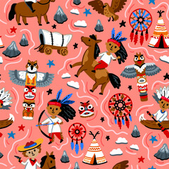 Bright cheerful children seamless vector pattern with American native indians and western cowboy from wild west rural Landscape. Childish background. Cheerful characters with animals and plants.