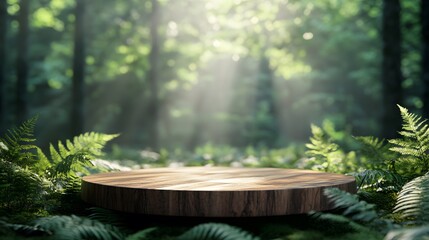 Bright forest scene, wooden platform, circular wooden tray, sunbeams filtering through trees, lush green ferns, soft focus background, dappled light, product display in nature.