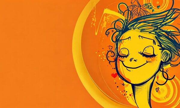 A stylized content person with abstract designs on an orange background.