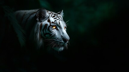 Obraz premium A majestic white tiger with striking orange eyes, silhouetted against a dark, mysterious background.