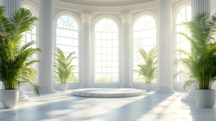 Fototapeta premium Bright interior, classical white columns, sunlight streaming through, lush green potted palms, circular podium, marble floor, soft shadows, airy atmosphere.