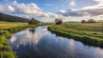 Tranquil river flowing through green meadows, river, meadows, nature, landscape, flowing, tranquil, peaceful, scenic