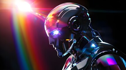 Futuristic Metallic Robot Head with Rainbow Flare.