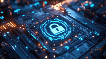 Fototapeta premium Futuristic Cybersecurity Concept with Glowing Lock on Circuit Board