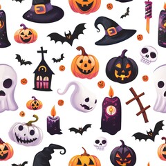 Halloween-themed pattern with pumpkins, ghosts, and spooky elements. AI generated image. Colorful Doodle Background