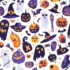 Fototapeta premium Halloween-themed pattern with pumpkins, ghosts, and spooky elements. AI generated image. Colorful Doodle Background