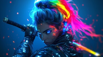 A 3D rendering of a beautiful cyborg girl looking sternly at the camera in a tight black suit with rainbow effect. She has colored glowing eyes against a neon alley background.