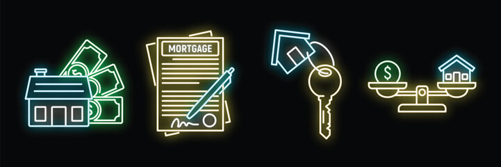 Four neon icons representing different aspects of real estate and mortgages, such as house loans, agreements, keys, and dollar coins on a scale