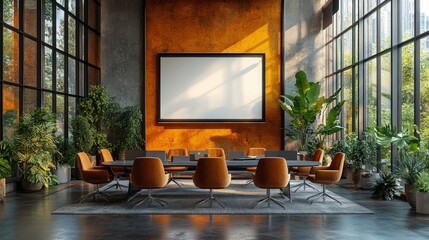 Modern office conference room with large windows, plants, and a blank canvas for your design.