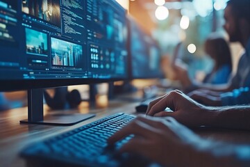 Working together as a team. Photo of young business crew in a new startup office. Desktop computers on wood table with blurred background and film effect. Horizontal image.