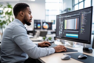 Using professional digital apps for video montage, graphic artist edits film footage with special effects and color grading.