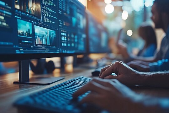 Working together as a team. Photo of young business crew in a new startup office. Desktop computers on wood table with blurred background and film effect. Horizontal image.