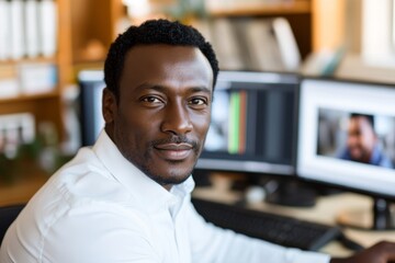 Obraz premium A film-maker from the African Diaspora uses video editing software to create post-production video. Color grading and visual or audio effects are used to edit montage projects at home.
