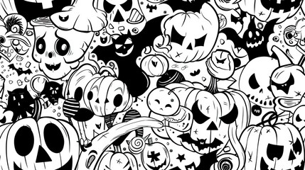 Halloween-themed illustration featuring pumpkins, ghosts, and skulls - AI generated image. Doodle Background