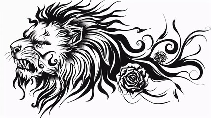 angry lion head combine with rose tribal tattoo in black and white illustration design